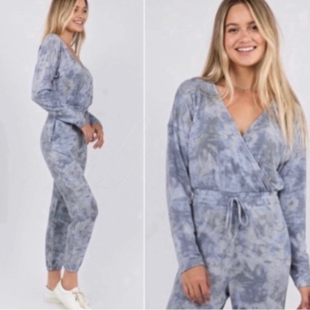 Blue French Terry Long Sleeve Womens Jumpsuit